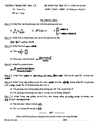 Đề kiểm tra Học kì 2 môn Toán Lớp 10 - Năm học 2018-2019 - Trường THPT Hoa Lư
