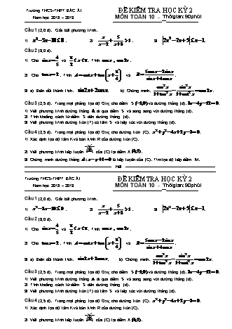 Đề kiểm tra Học kì 2 môn Toán Lớp 10 - Năm học 2018-2019 - Trường THPT Bác Ái (Có đáp án)