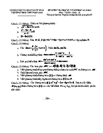 Đề kiểm tra Học kì 2 môn Toán Lớp 10 - Năm học 2018-2019 - Trường THPT Ngôi Sao (Kèm đáp án và thang điểm)