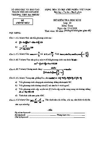 Đề kiểm tra Học kì 2 môn Toán Lớp 10 - Năm học 2018-2019 - Trường THPT Đa Phước