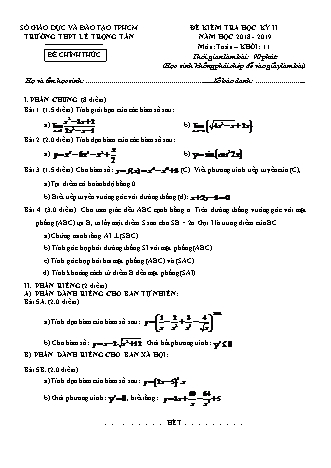 Đề kiểm tra Học kì 2 môn Toán Lớp 11 - Đề 1 - Năm học 2018-2019 - Trường THPT Lê Trọng Tấn (Kèm đáp án và thang điểm)