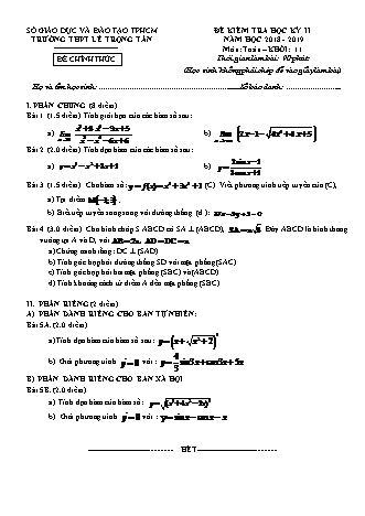 Đề kiểm tra Học kì 2 môn Toán Lớp 11 - Đề 2 - Năm học 2018-2019 - Trường THPT Lê Trọng Tấn (Kèm đáp án và thang điểm)