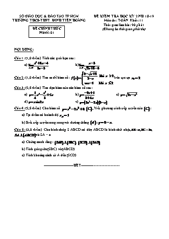 Đề kiểm tra Học kì 2 môn Toán Lớp 11 - Mã đề: 01 - Năm học 2018-2019 - Trường THPT Đinh Tiên Hoàng (Kèm đáp án và thang điểm)