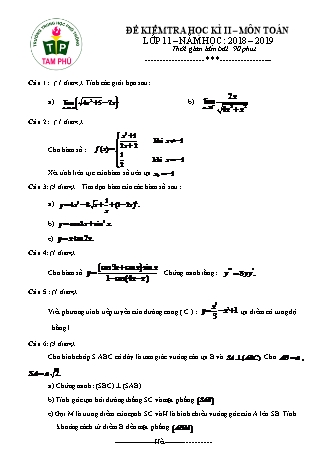 Đề kiểm tra Học kì 2 môn Toán Lớp 11 - Năm học 2018-2019 (Có đáp án và thang điểm)