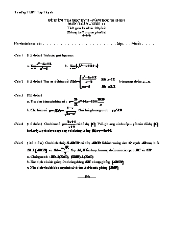Đề kiểm tra Học kì 2 môn Toán Lớp 11 - Năm học 2018-2019 - Trường THPT Tây Thạnh (Kèm đáp án và thang điểm)