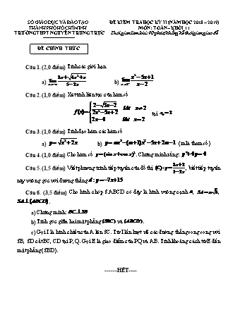 Đề kiểm tra Học kì 2 môn Toán Lớp 11 - Năm học 2018-2019 - Trường THPT Nguyễn Trung Trực (Kèm đáp án và thang điểm)