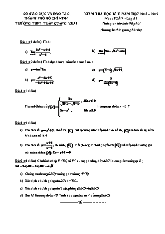 Đề kiểm tra Học kì 2 môn Toán Lớp 11 - Năm học 2018-2019 - Trường THPT Trần Quang Khải (Kèm đáp án và thang điểm)