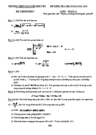 Đề kiểm tra Học kì 2 môn Toán Lớp 11 - Năm học 2018-2019 - Trường THPT Nguyễn Khuyến (Kèm đáp án và thang điểm)