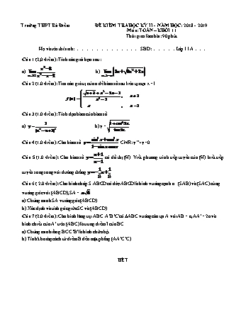 Đề kiểm tra Học kì 2 môn Toán Lớp 11 - Năm học 2018-2019 - Trường THPT Bà Điểm (Kèm đáp án và thang điểm)