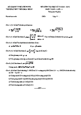 Đề kiểm tra Học kì 2 môn Toán Lớp 11 - Năm học 2018-2019 - Trường THPT Thủ khoa Huân (Kèm đáp án và thang điểm)