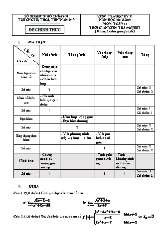 Đề kiểm tra Học kì 2 môn Toán Lớp 11 - Năm học 2018-2019 - Trường THPT Nam Mỹ (Kèm đáp án và thang điểm)