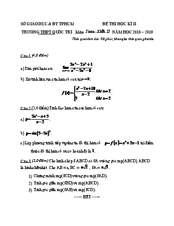 Đề kiểm tra Học kì 2 môn Toán Lớp 11 - Năm học 2018-2019 - Trường THPT Quốc Trí (Kèm đáp án và thang điểm)