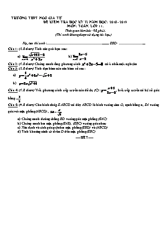 Đề kiểm tra Học kì 2 môn Toán Lớp 11 - Năm học 2018-2019 - Trường THPT Ngô Gia Tự (Kèm đáp án và thang điểm)