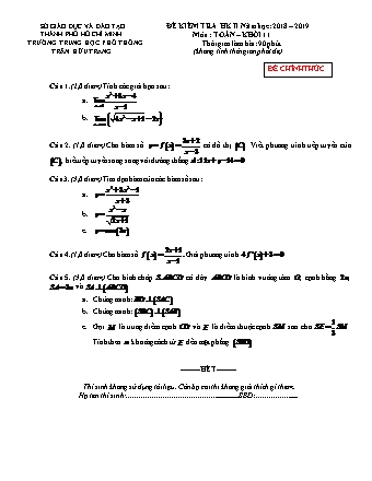 Đề kiểm tra Học kì 2 môn Toán Lớp 11 - Năm học 2018-2019 - Trường THPT Trần Hữu Trang (Kèm đáp án và thang điểm)