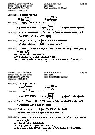 Đề kiểm tra Học kì 2 môn Toán Lớp 11 - Năm học 2018-2019 - Trường THPT Bình Phú (Có đáp án)