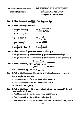 Đề kiểm tra Học kì 2 môn Toán Lớp 11 - Năm học 2018-2019 - Trường THPT Phú Hòa (Kèm đáp án và thang điểm)