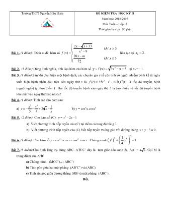 Đề kiểm tra Học kì 2 môn Toán Lớp 11 - Năm học 2018-2019 - Trường THPT Nguyễn Hữu Huân