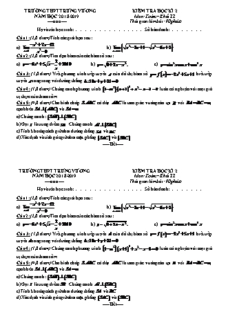 Đề kiểm tra Học kì 2 môn Toán Lớp 11 - Năm học 2018-2019 - Trường THPT Trưng Vương (Kèm đáp án và thang điểm)