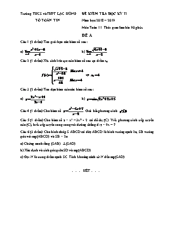 Đề kiểm tra Học kì 2 môn Toán Lớp 11 - Năm học 2018-2019 - Trường THPT Lạc Hồng