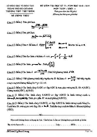 Đề kiểm tra Học kì 2 môn Toán Lớp 11 - Năm học 2018-2019 - Trường THPT Thủ Thiêm