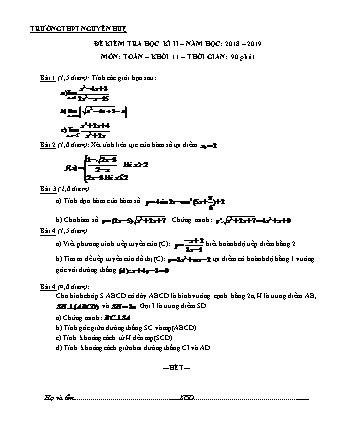 Đề kiểm tra Học kì 2 môn Toán Lớp 11 - Năm học 2018-2019 - Trường THPT Nguyễn Huệ (Kèm đáp án và thang điểm)