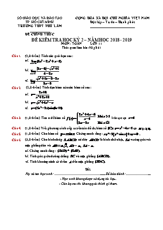 Đề kiểm tra Học kì 2 môn Toán Lớp 11 - Năm học 2018-2019 - Trường THPT Phú Lâm (Kèm đáp án và thang điểm)