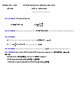 Đề kiểm tra Học kì 2 môn Toán Lớp 11 - Năm học 2018-2019 - Trường THPT Bắc Sơn (Có đáp án)
