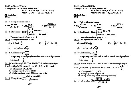 Đề kiểm tra Học kì 2 môn Toán Lớp 11 - Năm học 2018-2019 - Trường THPT Thanh Bình