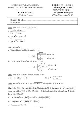 Đề kiểm tra Học kì 2 môn Toán Lớp 11 - Năm học 2018-2019 - Trường THPT Quốc tế Canada (Kèm đáp án và thang điểm)