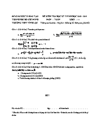 Đề kiểm tra Học kì 2 môn Toán Lớp 11 - Năm học 2018-2019 - Trường THPT Vĩnh Lộc