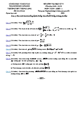 Đề kiểm tra Học kì 2 môn Toán Lớp 11 - Năm học 2018-2019 - Trường THPT Thăng Long (Kèm đáp án và thang điểm)