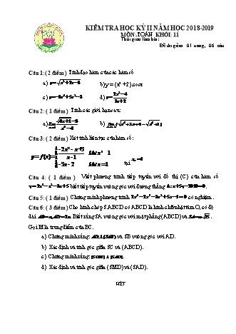 Đề kiểm tra Học kì 2 môn Toán Lớp 11 - Năm học 2018-2019 - Trường THPT Nguyễn Hiền