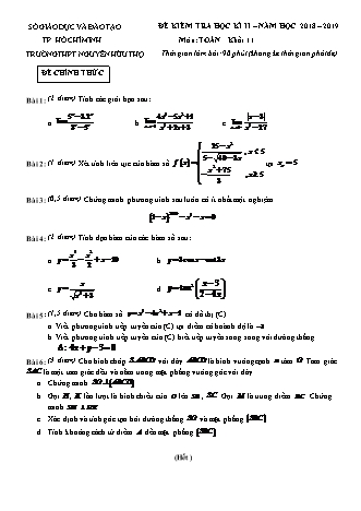 Đề kiểm tra Học kì 2 môn Toán Lớp 11 - Năm học 2018-2019 - Trường THPT Nguyễn Hữu Thọ (Kèm đáp án và thang điểm)