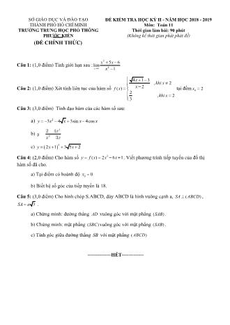 Đề kiểm tra Học kì 2 môn Toán Lớp 11 - Năm học 2018-2019 - Trường THPT Phước Kiến (Kèm đáp án và thang điểm)