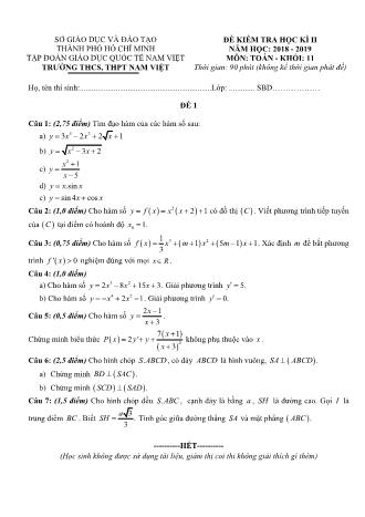 Đề kiểm tra Học kì 2 môn Toán Lớp 11 - Năm học 2018-2019 - Trường THPT Nam Việt