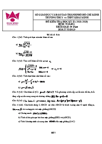 Đề kiểm tra Học kì 2 môn Toán Lớp 11 - Năm học 2018-2019 - Trường THPT Khai Minh (Kèm đáp án và thang điểm)