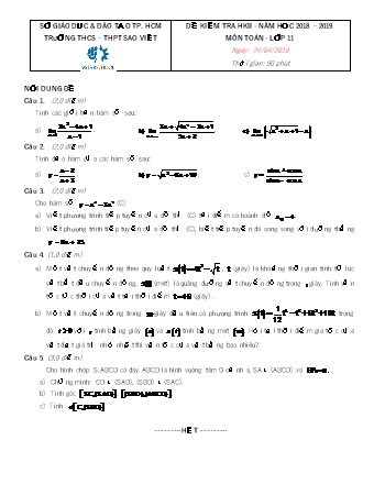 Đề kiểm tra Học kì 2 môn Toán Lớp 11 - Năm học 2018-2019 - Trường THPT Sao Việt (Kèm đáp án và thang điểm)