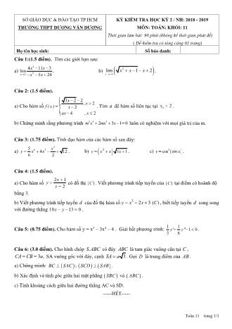 Đề kiểm tra Học kì 2 môn Toán Lớp 11 - Năm học 2018-2019 - Trường THPT Dương Văn Dương (Kèm đáp án và thang điểm)