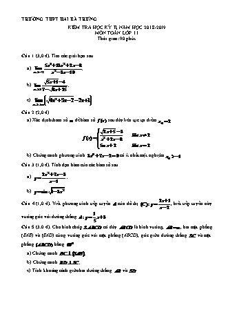 Đề kiểm tra Học kì 2 môn Toán Lớp 11 - Năm học 2018-2019 - Trường THPT Hai Bà Trưng (Kèm đáp án và thang điểm)