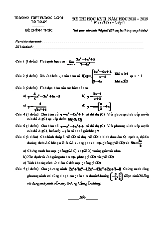 Đề kiểm tra Học kì 2 môn Toán Lớp 11 - Năm học 2018-2019 - Trường THPT Phước Long (Kèm đáp án và thang điểm)