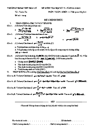 Đề kiểm tra Học kì 2 môn Toán Lớp 11 - Năm học 2018-2019 - Trường THPT Hoa Lư