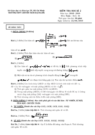 Đề kiểm tra Học kì 2 môn Toán Lớp 11 - Năm học 2018-2019 - Trường THPT chuyên Trần Đại Nghĩa (Kèm đáp án và thang điểm)
