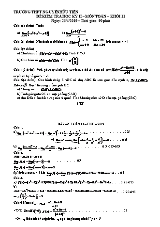 Đề kiểm tra Học kì 2 môn Toán Lớp 11 - Năm học 2018-2019 - Trường THPT Nguyễn Hữu Tiến (Kèm đáp án và thang điểm)