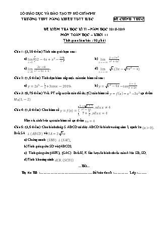 Đề kiểm tra Học kì 2 môn Toán Lớp 11 - Năm học 2018-2019 - Trường THPT Năng khiếu Thể dục thể thao Hai Bà Trưng (Kèm đáp án và thang điểm)