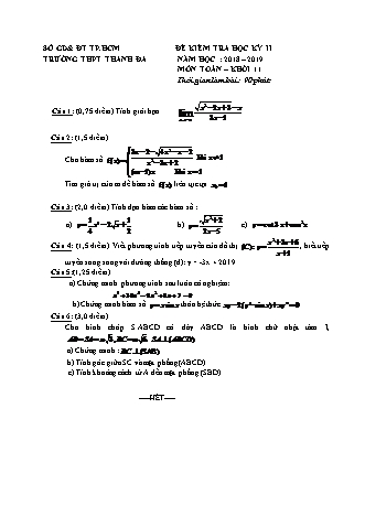 Đề kiểm tra Học kì 2 môn Toán Lớp 11 - Năm học 2018-2019 - Trường THPT Thanh Đa (Kèm đáp án và thang điểm)