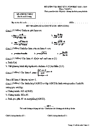 Đề kiểm tra Học kì 2 môn Toán Lớp 11 - Năm học 2018-2019