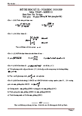 Đề kiểm tra Học kì 2 môn Toán Lớp 11 - Phần: Tự luận - Năm học 2018-2019