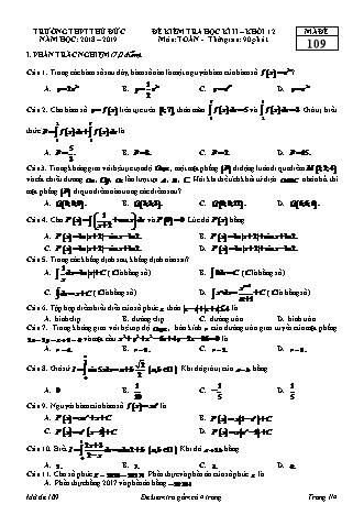 Đề kiểm tra Học kì 2 môn Toán Lớp 12 - Mã đề: 109 - Năm học 2018-2019 - Trường THPT Thủ Đức