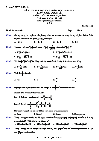 Đề kiểm tra Học kì 2 môn Toán Lớp 12 - Mã đề: 111 - Năm học 2018-2019 - Trường THPT Tây Thạnh