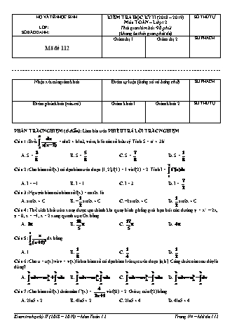 Đề kiểm tra Học kì 2 môn Toán Lớp 12 - Mã đề: 112 - Năm học 2018-2019 (Có đáp án)